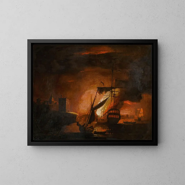 Ein brennendes Schiff in der Nacht - Peter Monamy — gerahmtes Bild an der Wand