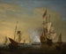 Szene im Hafen Ein englisches Schiff mit gespannten Segeln, das eine Kanone abfeuert - Peter Monamy — Ansicht des Kunstwerks