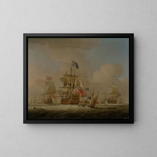 Männer im Krieg und ein Sloop - Peter Monamy — gerahmtes Bild an der Wand