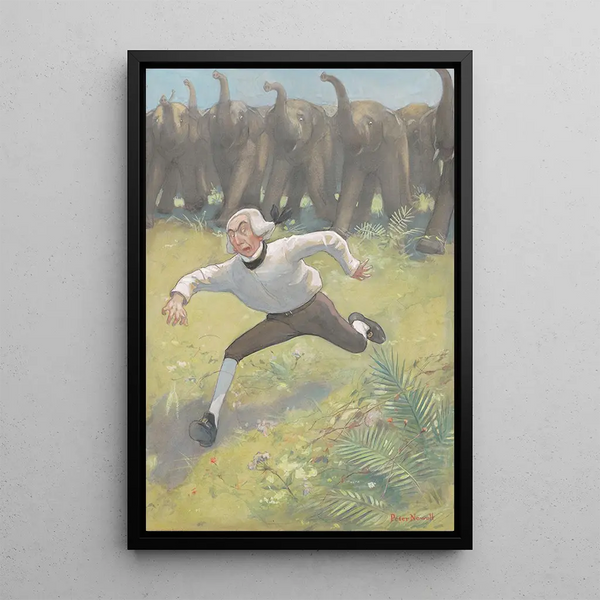 Man fleeing from elephants - Peter Newell — framed artwork on a wall