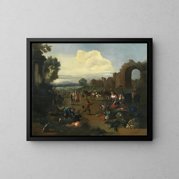 Una scena di mercato con un paesaggio fluviale oltre - Peter Tillemans — quadro incorniciato alla parete