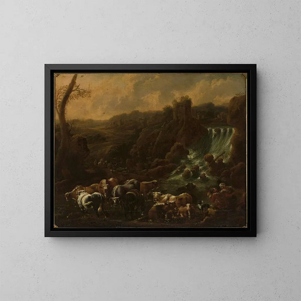 Vieh am Wasserfall - Philipp Peter Roos — gerahmtes Bild an der Wand