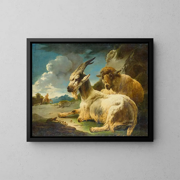 Schafe und Ziegen in einer felsigen Landschaft - Philipp Peter Roos — gerahmtes Bild an der Wand