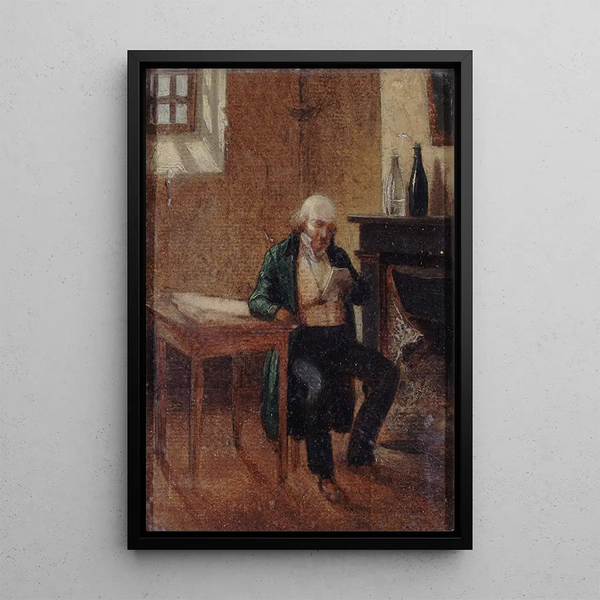 Portrait painting of Pierre Jean Branger 1780-1857 in his cell at Sainte-Pélagie - Philippe-Auguste Jeanron — framed artwork on a wall