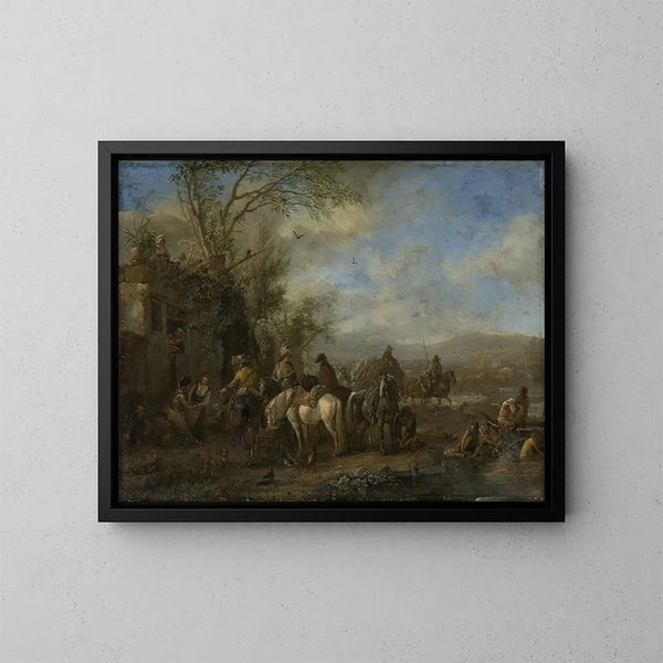 Ritter vor einer Gaststätte - Philips Wouwerman — gerahmtes Bild an der Wand