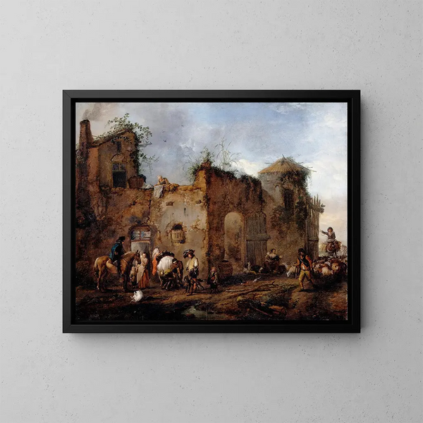 Innenhof mit einem Schmied, der ein Pferd beschlägt - Philips Wouwerman — gerahmtes Bild an der Wand