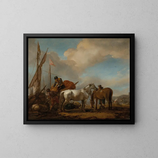 Philips Wouwerman - Horses in a landscape with figures loading bales onto a boat.webp