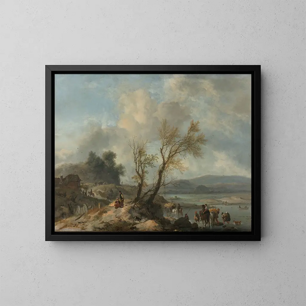 Landschaftsgemälde mit einem Sandweg am Flussufer - Philips Wouwerman — gerahmtes Bild an der Wand