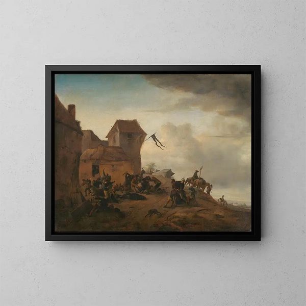 Bauern, die in der Nähe eines Dorfes kämpfen - Philips Wouwerman — gerahmtes Bild an der Wand