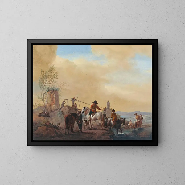 Ritter und Pferde, die sich in der Nähe eines Flusses ausruhen - Philips Wouwerman — gerahmtes Bild an der Wand