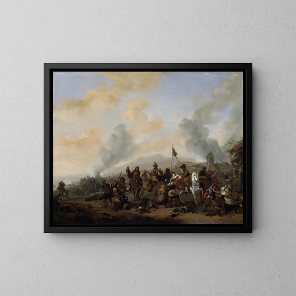 Des Soldaten plündern ein Dorf - Philips Wouwerman — gerahmtes Bild an der Wand