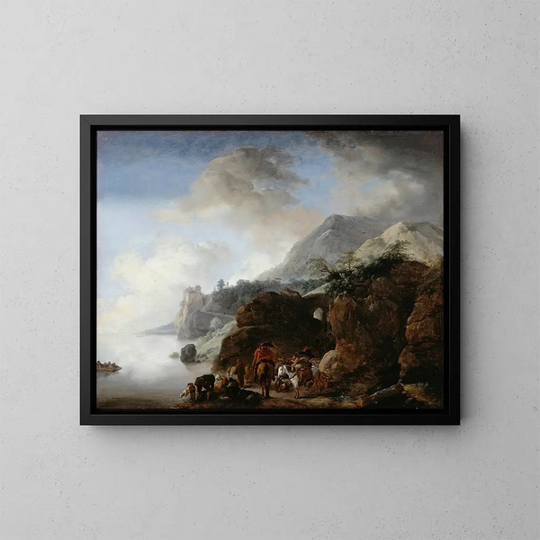 Reisende, die auf eine Fähre warten - Philips Wouwerman — gerahmtes Bild an der Wand