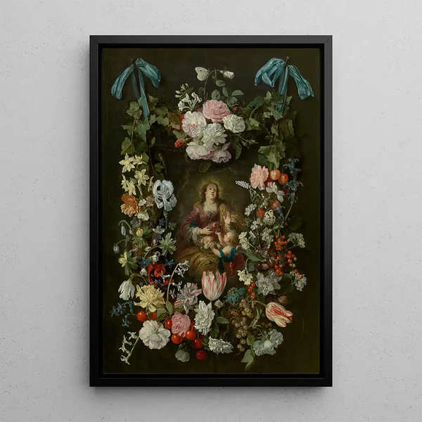 Saint Dorothy surrounded by a garland of flowers - Philips de Marlier — framed artwork on a wall