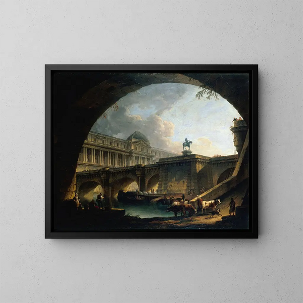 Caprice architettonico di un palazzo ispirato al Louvre e al Pont Neuf, incorniciato nell'arco di un ponte - Pierre-Antoine Demachy — quadro incorniciato alla parete