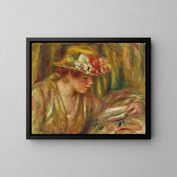 Busto di donna con cappello che legge con la testa rivolta a destra - Pierre-Auguste Renoir — quadro incorniciato alla parete