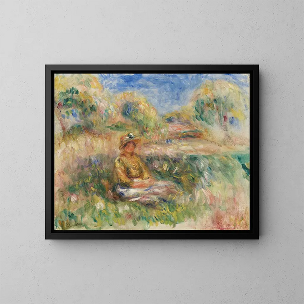 Frau sitzend in einer Landschaft - Pierre-Auguste Renoir — gerahmtes Bild an der Wand