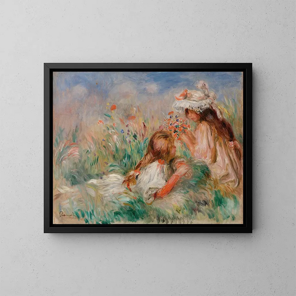 Mädchen im Gras, die einen Blumenstrauß arrangieren - Pierre-Auguste Renoir — gerahmtes Bild an der Wand