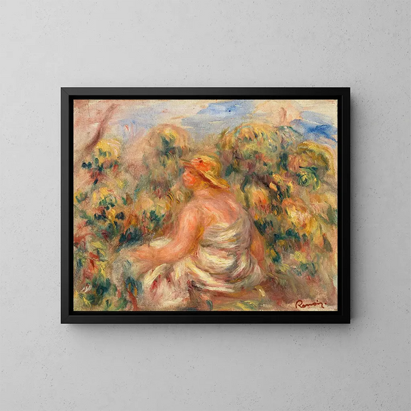 Frau mit Hut in einer Landschaft - Pierre-Auguste Renoir — gerahmtes Bild an der Wand