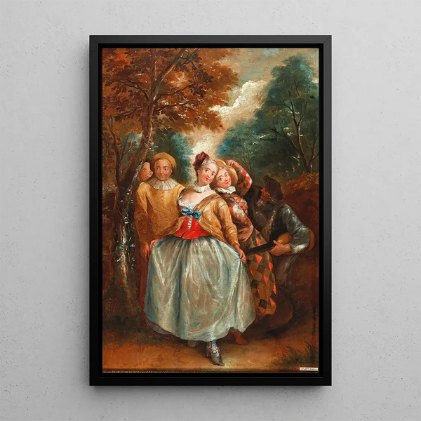 a painting depicting a scene from Commedia dell'Arte with Columbine, Harlequin, and Pierrot - Pierre Antoine Quillard — framed artwork on a wall