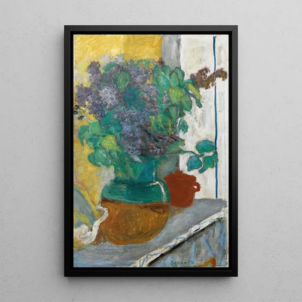 Lilas mauve dans un vase de terre jaune et vert - Pierre Bonnard — framed artwork on a wall
