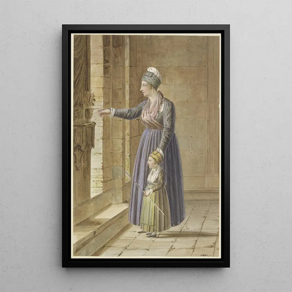 Young woman with her daughter in Provençal costume at a church window - Pierre Huard — framed artwork on a wall