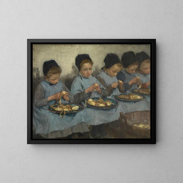 Mädchen auf dem Bauernhof, die Kartoffeln schälen - Pierre Jacques Dierckx — gerahmtes Bild an der Wand