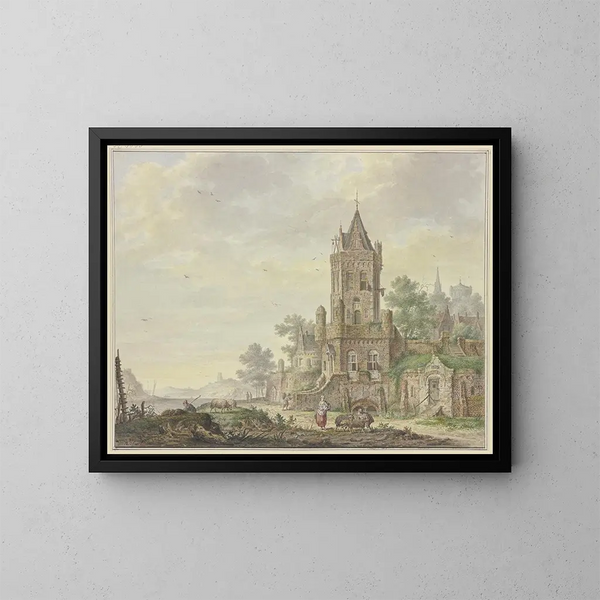 Città con un vecchio campanile sul bordo dell'acqua, una donna con un ragazzo e due pecore - Pieter Bartholomeusz Barbiers — quadro incorniciato alla parete