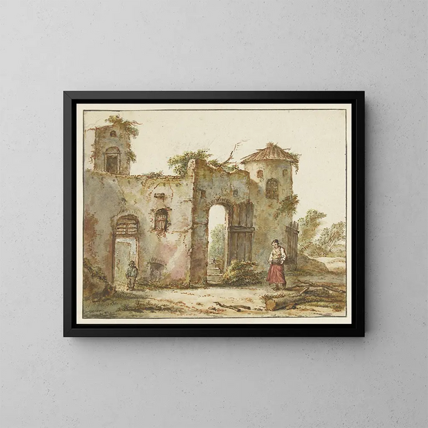 Edificio in rovina con a destra una donna che raccoglie legna - Pieter Bartholomeusz Barbiers — quadro incorniciato alla parete