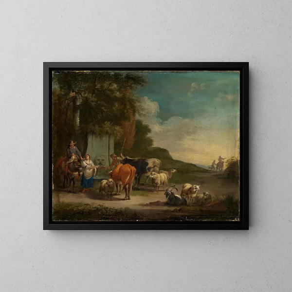 Landschafts-Gemälde mit Hirten und einer Herde in der Nähe eines Brunnens - Pieter Bout — gerahmtes Bild an der Wand
