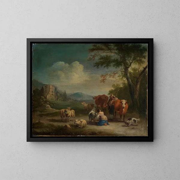 Landschaft mit Hirten und gotischer Burgruine - Pieter Bout — gerahmtes Bild an der Wand