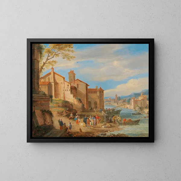 Il porto di Ripa Grande a Roma con mercanti in conversazione - Pieter Bout — quadro incorniciato alla parete