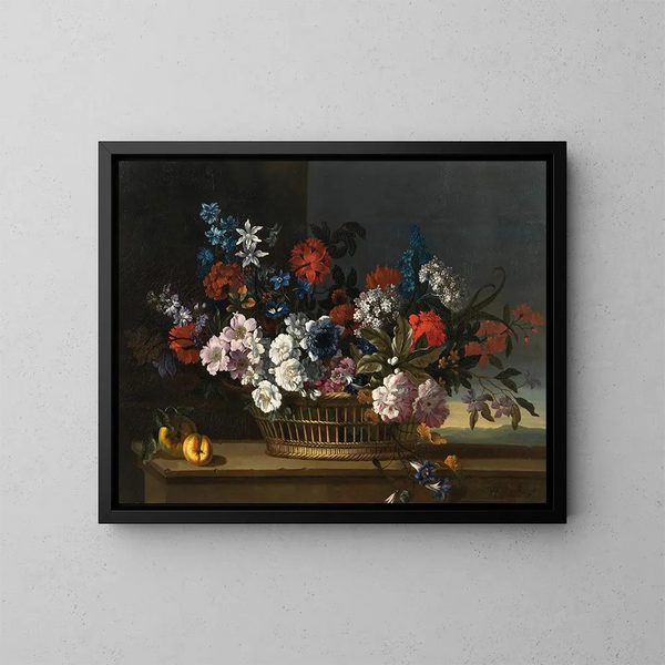 Gemischte Blumen in einem Korb neben Pfirsichen auf einem Tisch, eine Landschaft im Hintergrund - Pieter Casteels III — gerahmtes Bild an der Wand