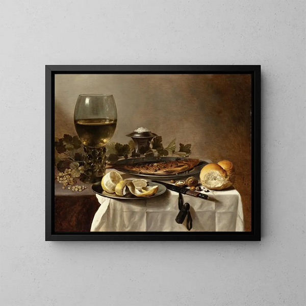 Stillleben mit Hering, Wein und Brot - Pieter Claesz — gerahmtes Bild an der Wand