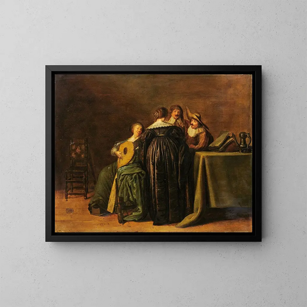 Gesellschaft in Mode mit einer Frau, die Laute spielt - Pieter Codde — gerahmtes Bild an der Wand