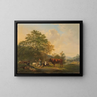 Landschaft mit Hügeln, einem Hirten und Vieh - Pieter Gerardus van Os — gerahmtes Bild an der Wand