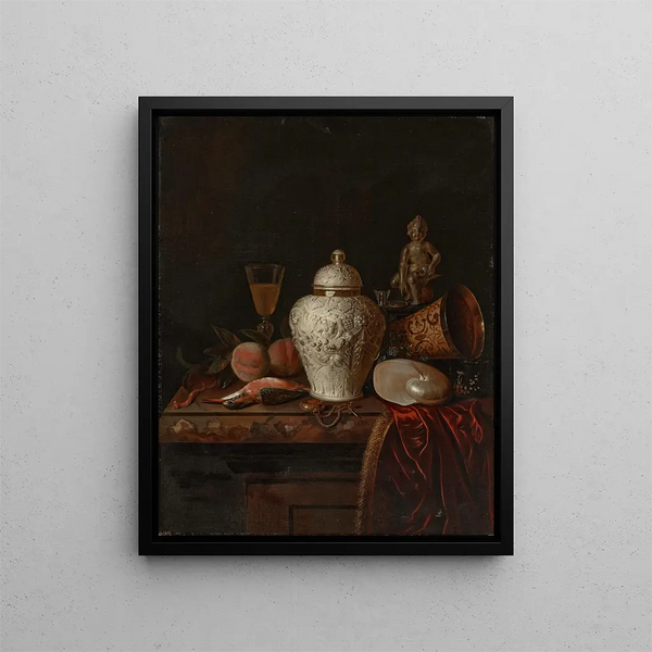 Pieter Gerritsz Van Roestraten - A chased silver ginger jar a pocketwatch a nautilis shell a silvergilt goblet a kingfisher fruit and other objects on a partially draped marble ledge.webp