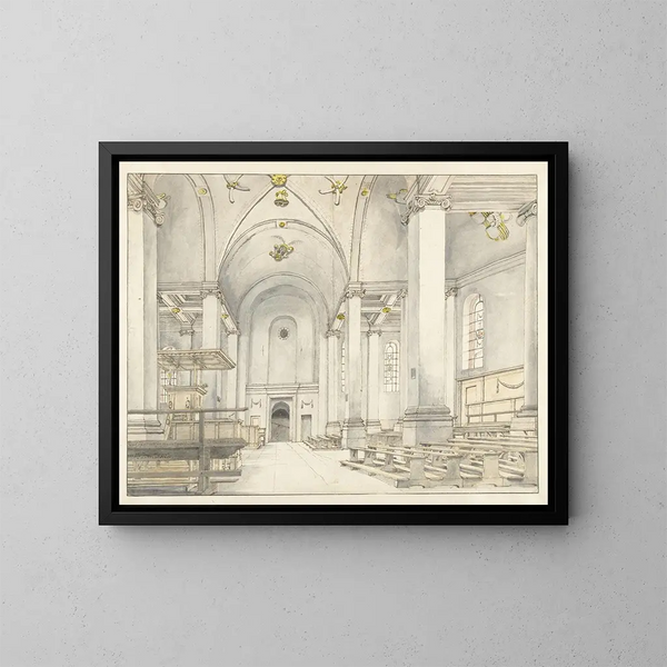 Vista della navata della Nieuwe Kerk di Haarlem e guardando verso ovest - Pieter Jansz Saenredam — quadro incorniciato alla parete