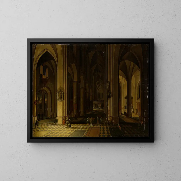 Innenansicht einer gotischen Kirche im Kerzenlicht - Pieter Neeffs der Jüngere — gerahmtes Bild an der Wand