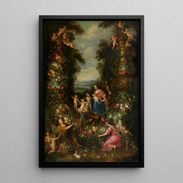 La Sainte Famille avec le petit Saint Jean-Baptiste entourée d'une guirlande de fleurs légumes et fruits - Pieter van Avont — framed artwork on a wall