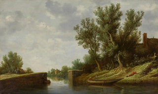 Pieter de Neyn - A river landscape with a sluice gate and boats.webp