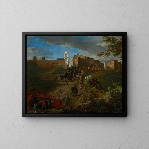 Coachs et voyageurs à la Madonna del Riposo près de Rome - Pieter van Bloemen — quadro incorniciato alla parete