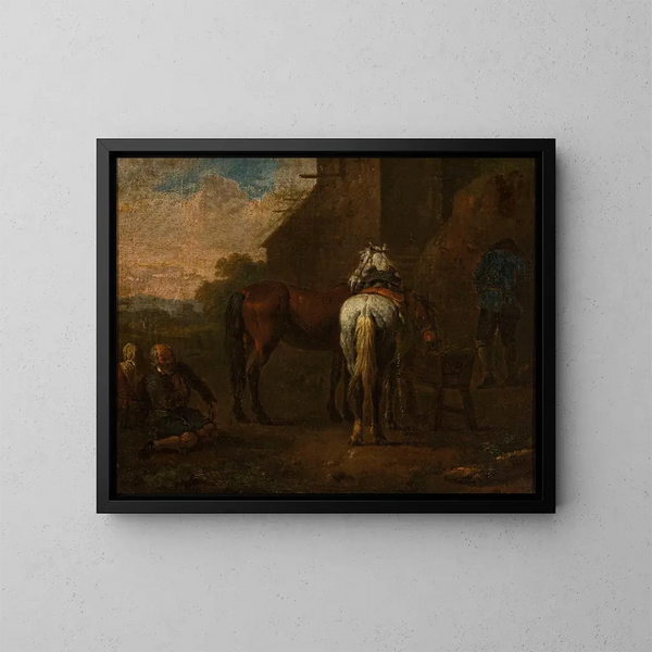 Pferde vor einer Taverne - Pieter van Bloemen — gerahmtes Bild an der Wand
