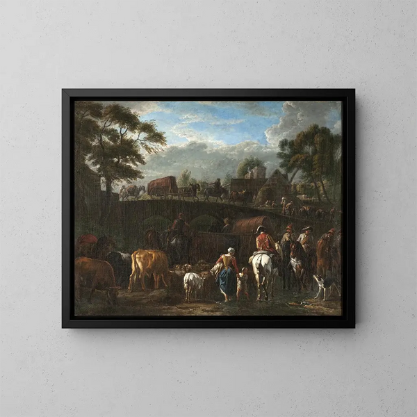 Landschaft mit Bauern, Soldaten und Vieh - Pieter van Bloemen — gerahmtes Bild an der Wand
