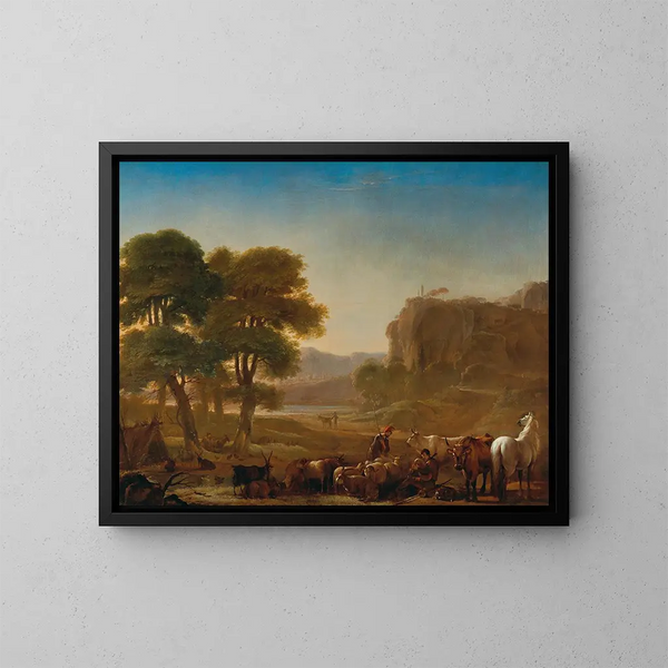 Una veduta della campagna romana con pastori che si riposano con il loro bestiame - Pieter van Laer — quadro incorniciato alla parete