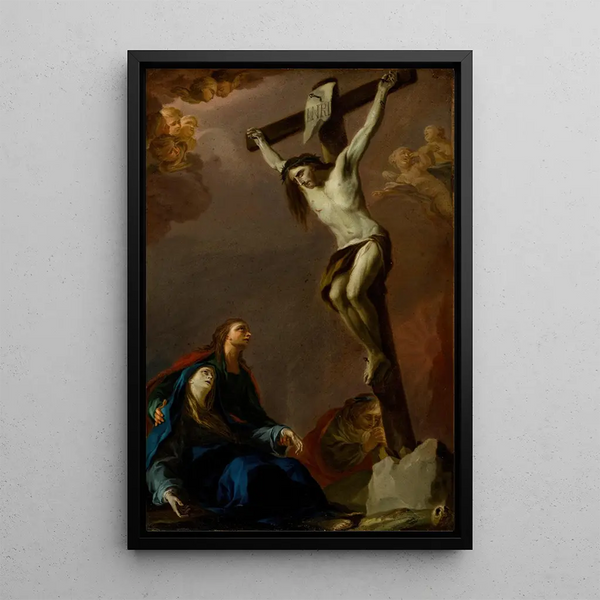 Modello for an altarpiece of The Crucifixion with the Virgin Mary, Madeleine, and Saint John - Pietro Bardellino — framed artwork on a wall
