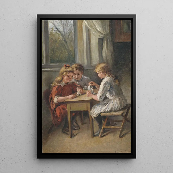 Coffee Chat Painting Three Girls at the Children's Café - Pietronella Peters — framed artwork on a wall