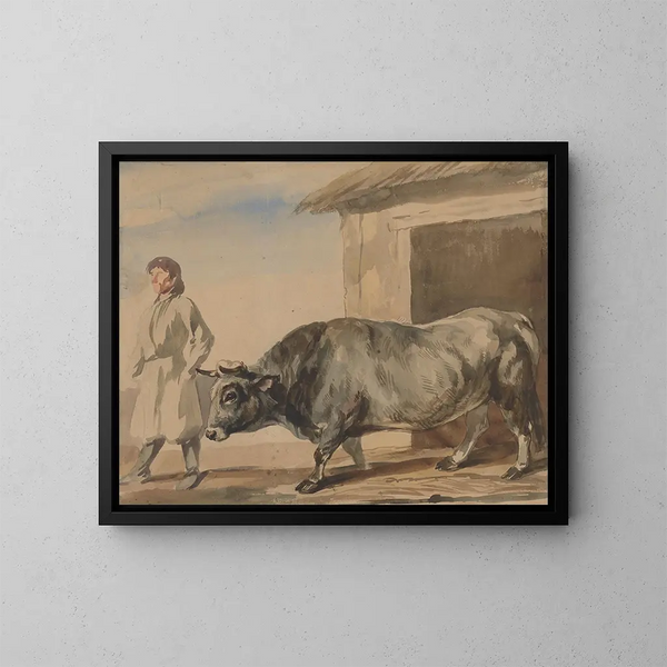 Bleistiftzeichnung eines grauen Rinds und eines Bauern aus Bolestraszyce - Piotr Michałowski — gerahmtes Bild an der Wand
