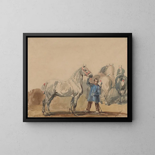 L'homme de l'écurie et les chevaux - Piotr Michałowski — gerahmtes Bild an der Wand