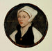 Ritratto di una giovane donna con un cappello bianco - Hans Holbein il Giovane — ambientato in un interno