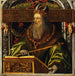 Idealisierte Portrait-Gemälde des Kaisers Justinian - Kreis von Ambrosius Holbein — in einem Innenraum präsentiert